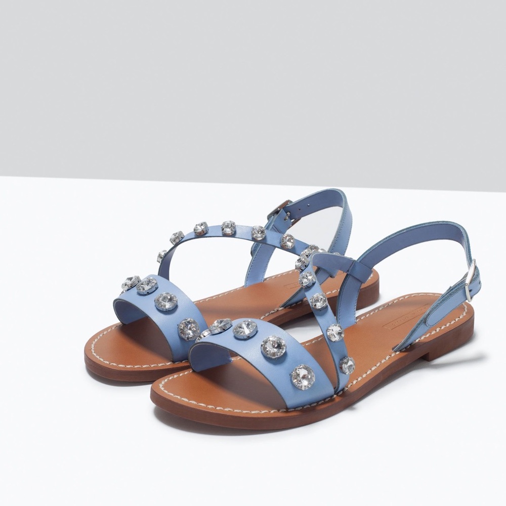 Zara light blue jeweled Greek sandals